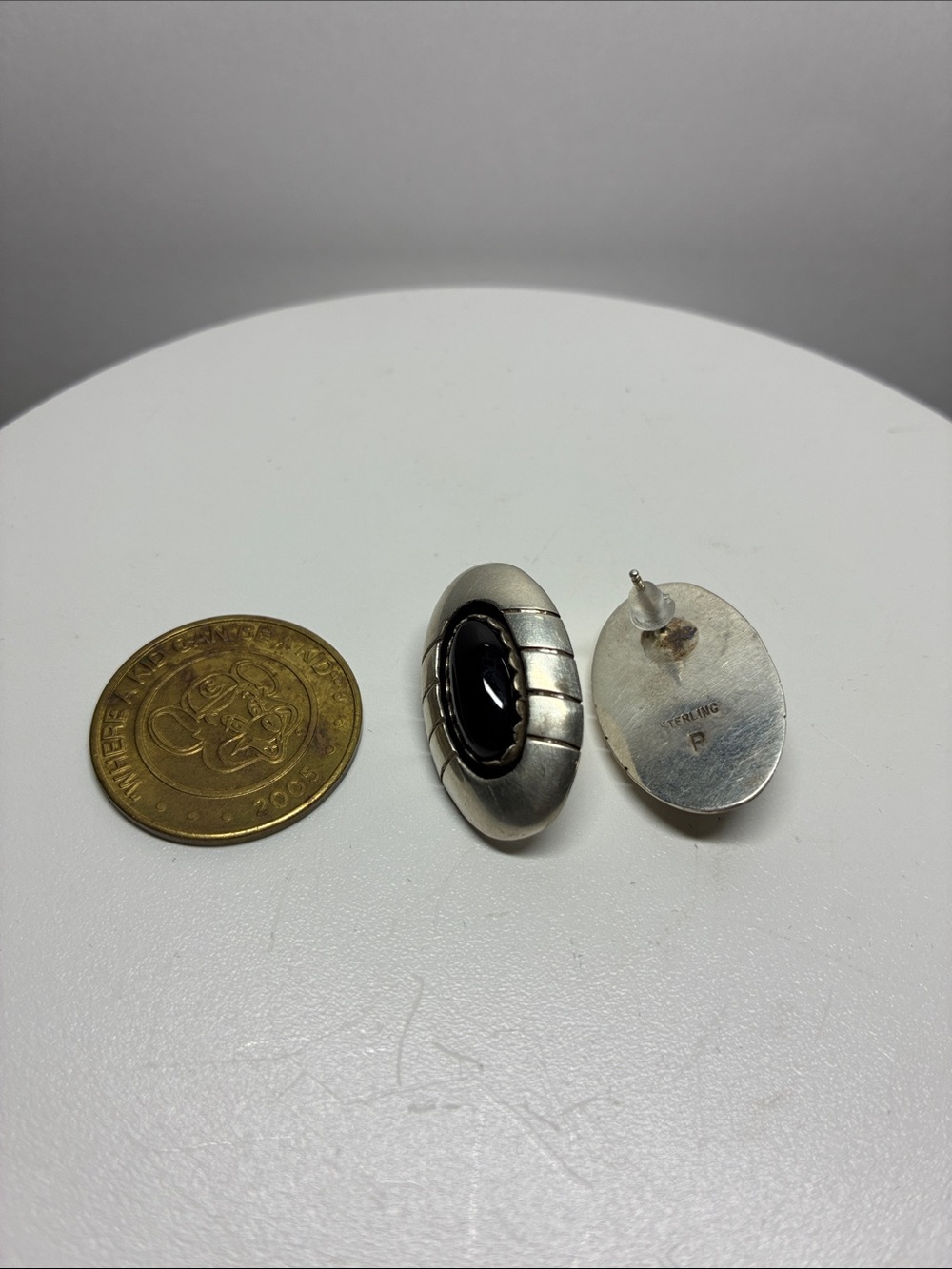 Vintage Sterling Silver Black Onyx Oval Stud Earrings
